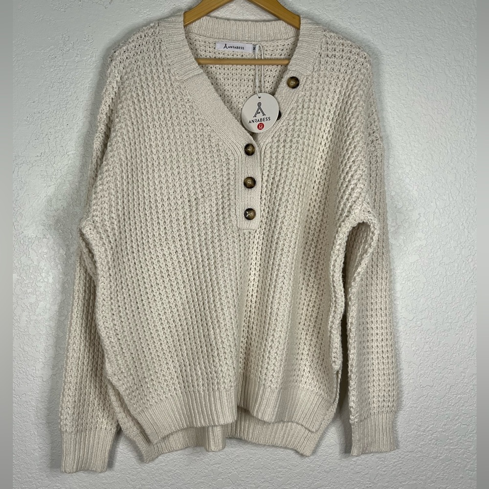 NWT Anrabees cozy off white chunky 1/4 button sweater Casual Fisherman Core